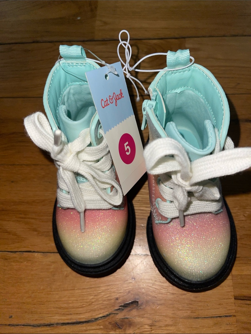 Cat & Jack Kids' Mint and Pink Glitter Lace-Up Boots - Size 5
